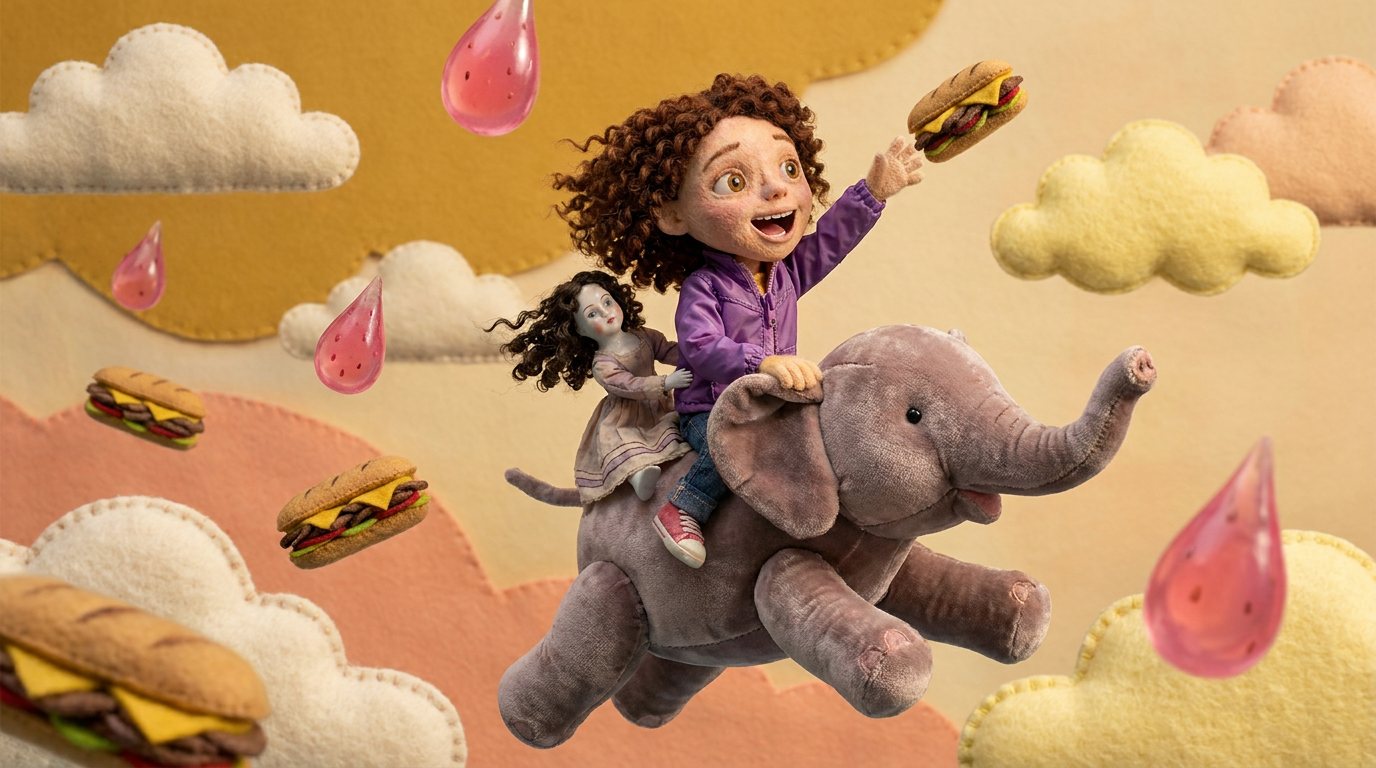 Clara riding Harumph through felt clouds, Mazie holding on behind, reaching for a flying cheesesteak