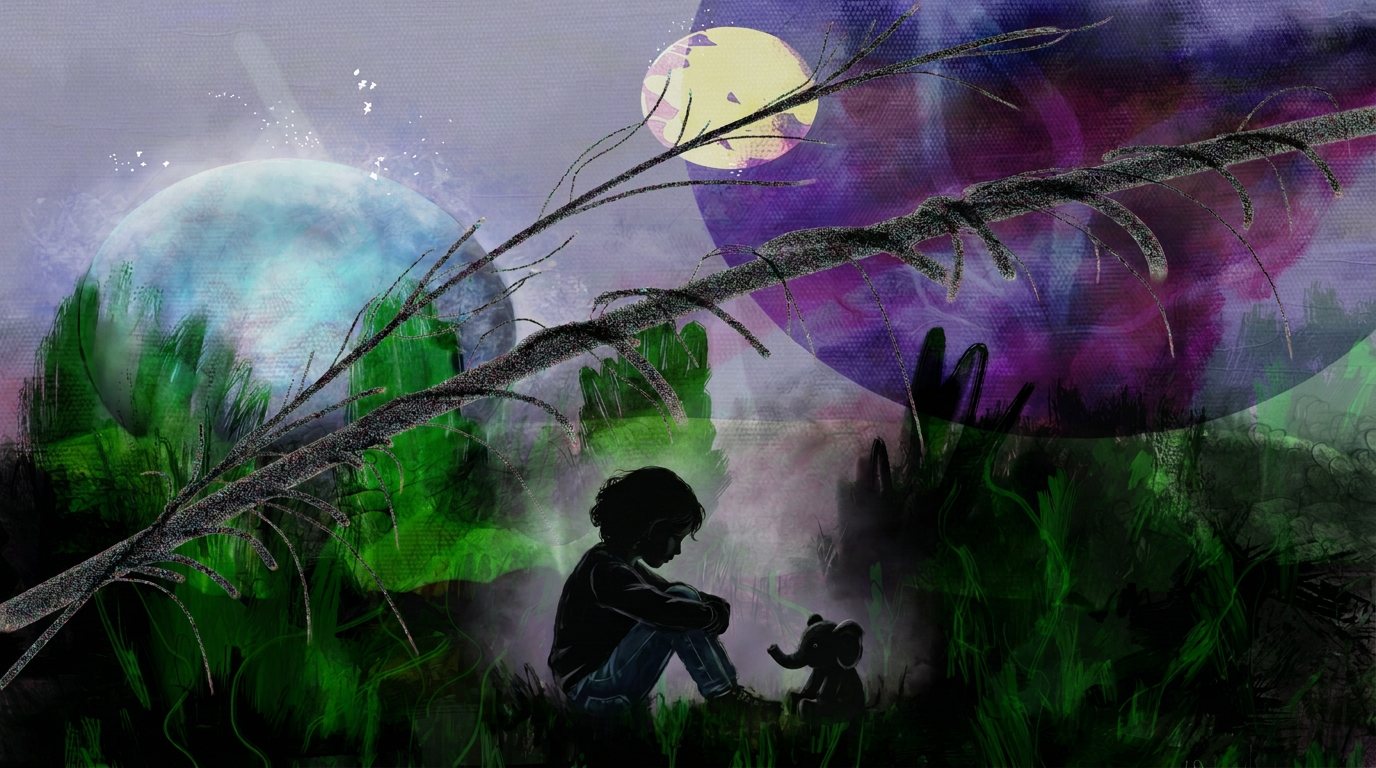 Clara and Harumph sitting in moonlit grass beneath two moons