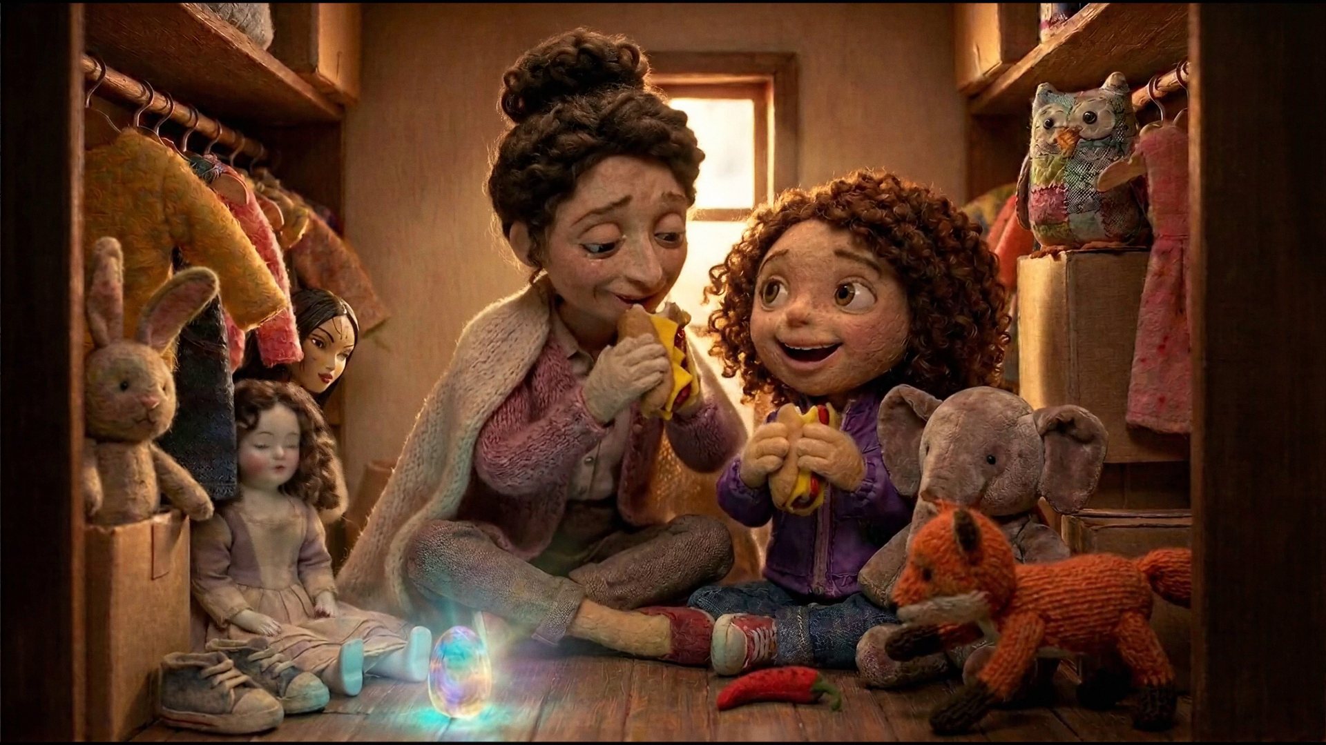 Lila and Clara sharing cheesesteaks on the closet floor, the stone glowing between them
