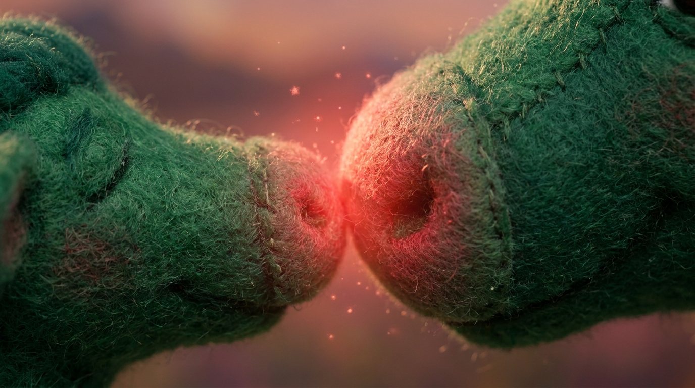 Two felt GlowNuzzle snouts touching, glowing warm pink