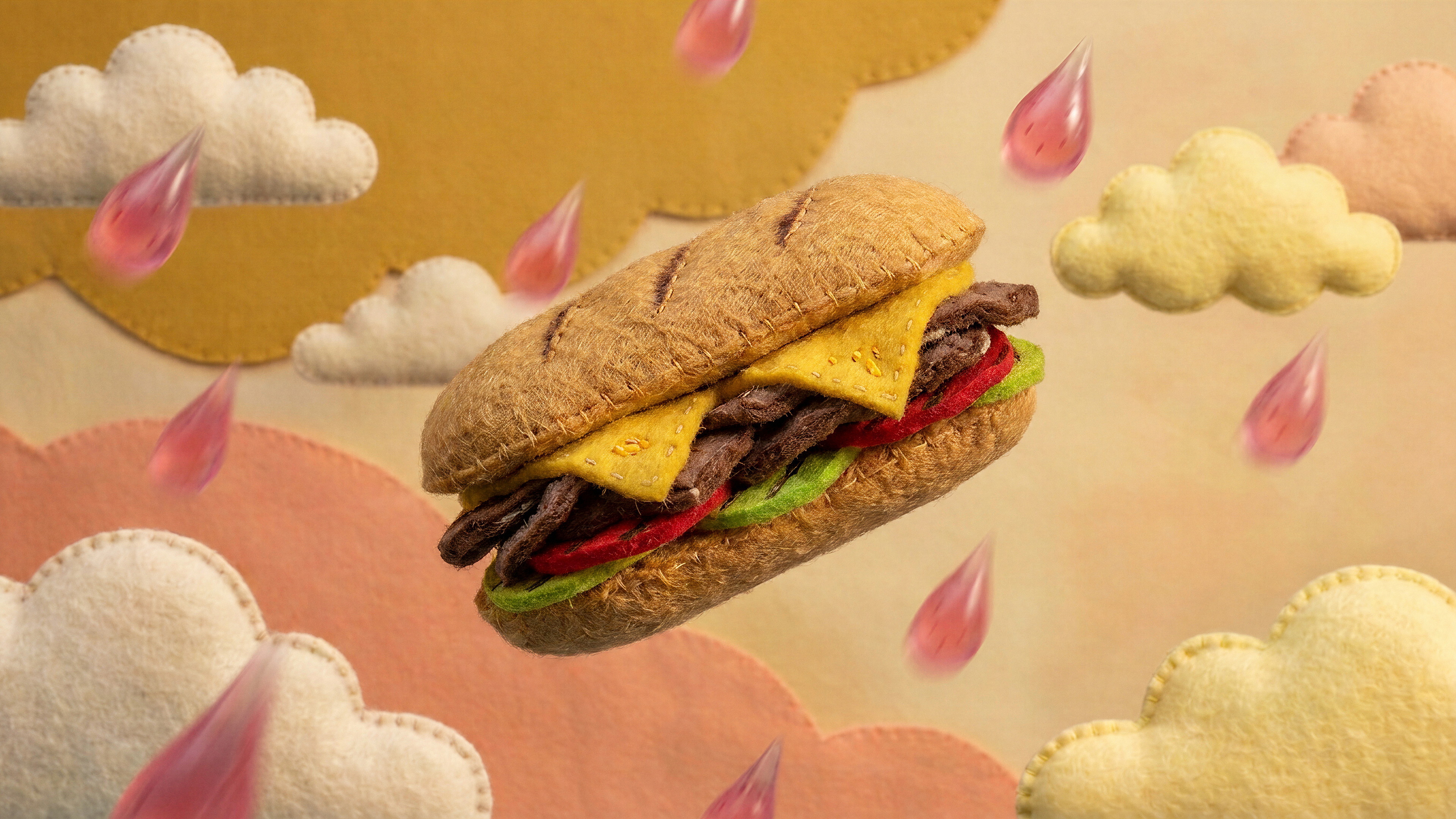 Felt cheesesteak drifting through stitched clouds