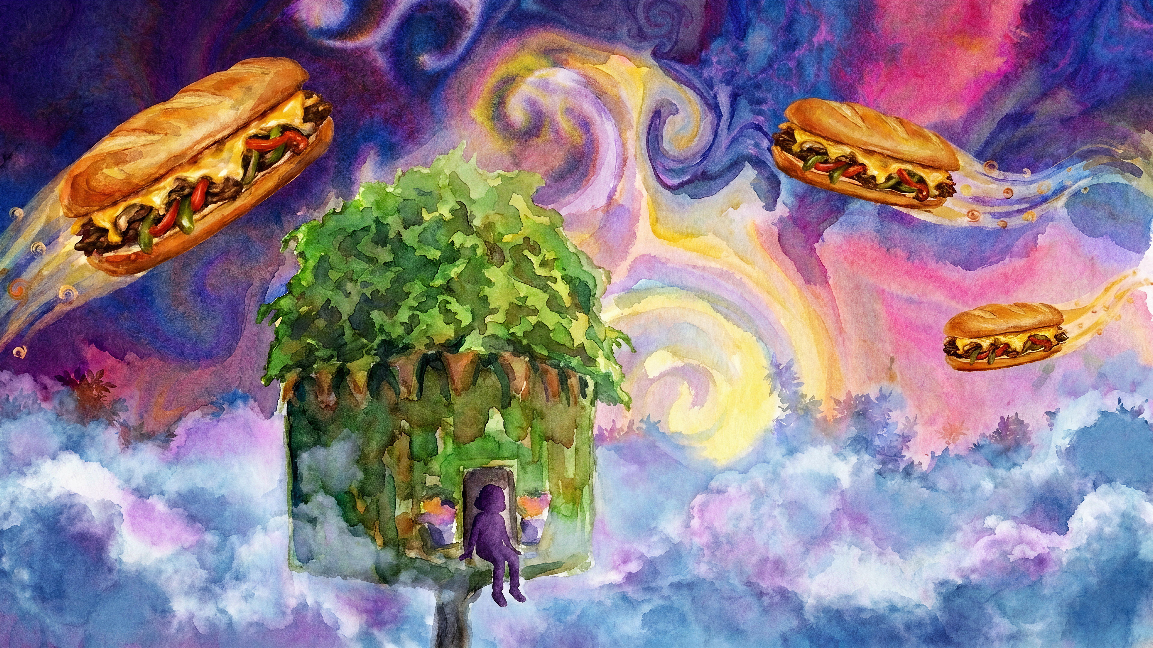 Watercolour treehouse above the clouds